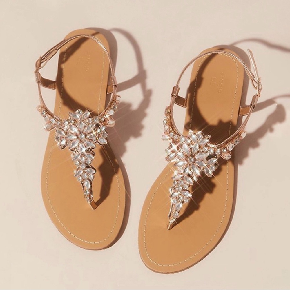 David's Bridal Tan Sandals with Clear Crystal Embellishment